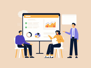 Business Presentation with Team Members Discussing Data Charts Graphs and Project Strategies in a Modern Office Environment