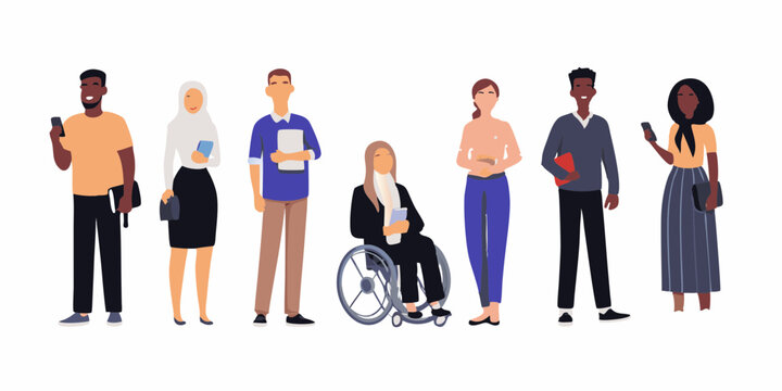 Diverse group of people standing together including a woman in a wheelchair representing inclusivity and diversity in a modern workplace