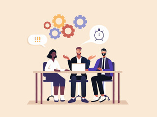 Diverse team collaborating on project with gears and time management concepts brainstorming and problem solving in a modern office environment