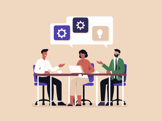 Teamwork and Brainstorming Session Diverse Professionals Collaborating on Ideas with Gears and Lightbulb Icons in a Meeting Flat Vector Illustration
