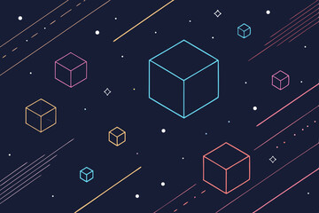 Generate a dark, minimalist image featuring several abstract, floating cubes and intersecting lines, rendered in a clean, geometric style.  Emphasis on negative space.