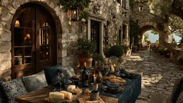 Enchanting outdoor dining setup in a rustic italian village on a cobblestone alleyway