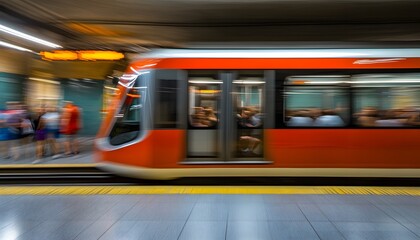 Subway train in motion, commuters waiting.