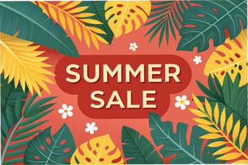 Obraz premium Design a vibrant summer sale banner featuring lush tropical leaves, bright colors, and a prominent sale announcement. Include space for text.