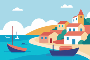 Naklejka premium Coastal Village Seascape Charming Houses, Boats, and Tranquil Ocean Views