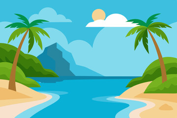 Serene Tropical Beach Paradise Calm Waters, Lush Greenery, Sunny Skies