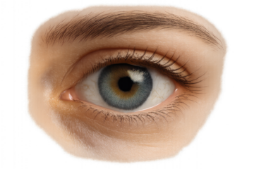 Close-up of a person's eye showcasing vibrant colors and intricate details, isolated on transparent background.