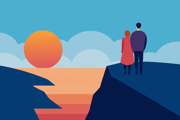 Obraz premium Couple Silhouetted Against a Sunset Ocean View from Clifftop