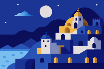 Serene Night in Santorini A Mediterranean Village Under the Moon