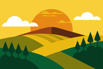 Obraz premium Sunset over Rolling Hills A Serene Landscape Illustration