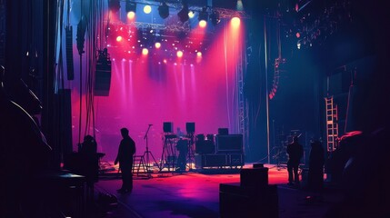 Empty concert stage with lighting and crew preparing.