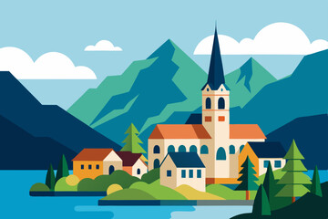 Naklejka premium Serene Lakeside Village Picturesque Mountain Scenery and Charming Architecture Illustration