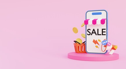 Concept of online sales announcement and adding products by phone and collecting points to receive discounts on purchases. 3D illustration.