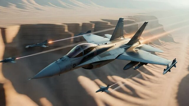 Air Combat Squadron: A squadron of advanced fighter jets engages in an intense aerial combat, showcasing power and precision against a backdrop of vast desert terrains.