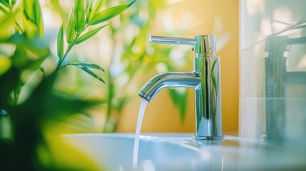 Modern chrome faucet with flowing water in a bright, plant-filled bathroom setting