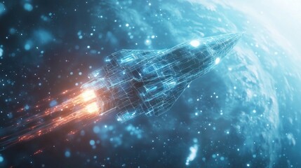 Futuristic spaceship launching into space