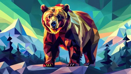 Low Poly Bear in Mountain Landscape