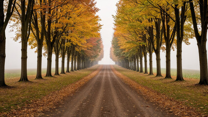 Naklejka premium Misty autumn road lined with colorful trees under grey sky