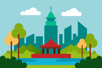 Fototapeta premium A cartoon vector illustration of a green city landscape with houses, trees, and sky