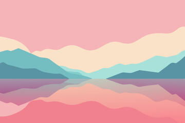 Vector illustration of a mountain landscape with misty peaks and a serene sky at sunrise