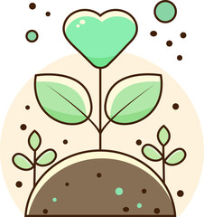 Vector illustration of a green sprout with heart-shaped flower and leaves growing from soil. The design represents nature, love for the environment, growth, and sustainability.