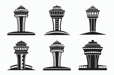 Control tower silhouette, airport tower vector, Control tower set