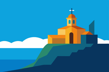 Obraz premium White Greek Orthodox church with a bell tower under the sky in Santorini, Europe