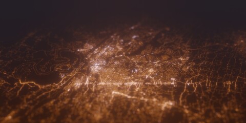 Street lights map of Chattanooga (Tennessee, USA) with tilt-shift effect, view from south. Imitation of macro shot with blurred background. 3d render, selective focus