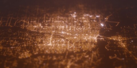 Street lights map of Memphis (Tennessee, USA) with tilt-shift effect, view from north. Imitation of macro shot with blurred background. 3d render, selective focus