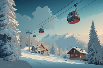 A picturesque winter mountain resort scene showcasing cable cars ascending snow-covered slopes.  Crystal-clear skies and pristine snow blanket the majestic mountains.