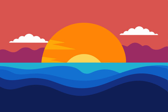 Tropical island vector illustration: vibrant sunset over the ocean, with rolling clouds and a sandy beach