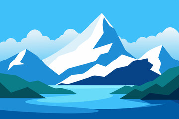 A vast mountain landscape under a blue sky, featuring snow-capped peaks, icy valleys, and scattered trees, offers a panoramic view of nature's cold, high beauty