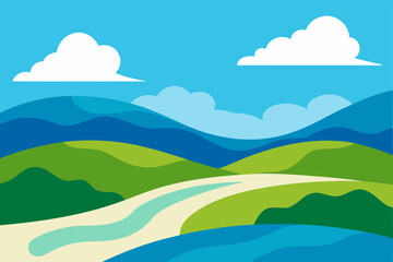 Obraz premium Mountain landscape with green meadows, blue sky, and white clouds, a natural summer view