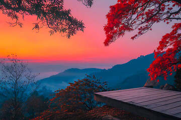 Nature landscape misty scenic illustration with mountain sunrise with red leaf tree