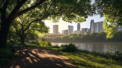 Downtown Austin skyline with river and park