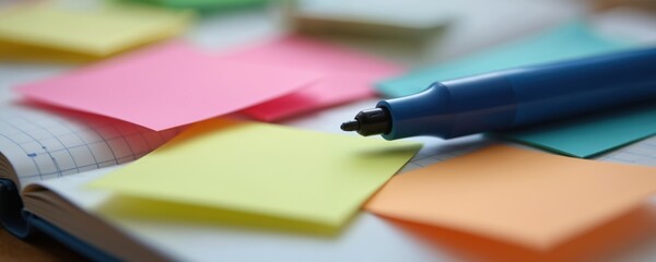 Sticky notes, marker pen, open notepad on the table. Creative brainstorming session, taking notes, making design or planning. Reminder, task management, work desk, office. Colorful pens, paper notes.