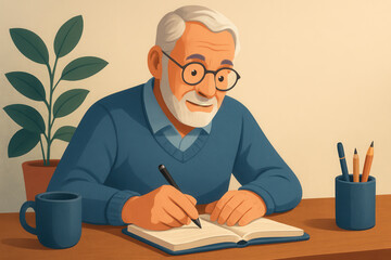 An elderly man with glasses writes in a journal at a desk, smiling gently in a cozy room filled with light and calmness.