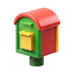 Colorful 3d rendered mailbox with bright red roof and green frame against white background
