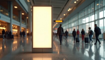 Vertical blank advertising signboard mockup in modern airport. Passengers walk by empty digital screen display. Advertise message with commercial promotion or information.