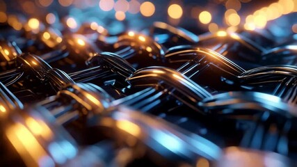 Close-up on interlocked filaments with golden and blue highlights creating an abstract weave pattern and a sleek futuristic effect. - Powered by Adobe
