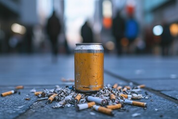 Urban discarded beverage can amidst cigarette litter.