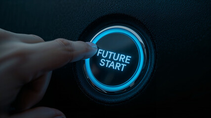 Finger pushing future start button, beginning new era