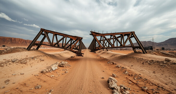 post apocalyptic train bridge broken over dry river stunning eerie landscape desolation abandoned transportation decay dystopian scenery deserted wasteland survival theme hauntingly beautiful imagery - Powered by Adobe