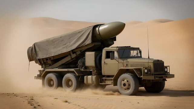 Military Truck in the Desert: A formidable military truck navigates the arid desert landscape, showcasing its strength and strategic purpose with a covered missile launcher.