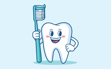 Happy Tooth Character Brushing Teeth Vector Illustration for Dental Hygiene