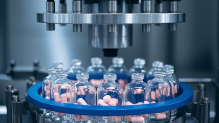 Modern pharmaceutical equipment processing glass vials and pills in a controlled environment.
