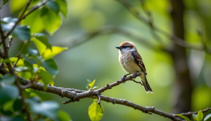 a bird perched on a tree branch in a natural setting with green leaves and trees around it.