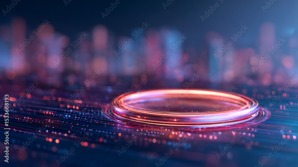 Poster 3d rendering of abstract glass glossy ring shape with binary digital circuit led glowing light. for 