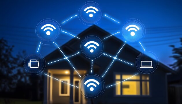 Wireless network connection overlayed on a home at night.