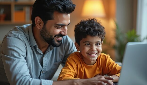 dad and son enjoying technology together